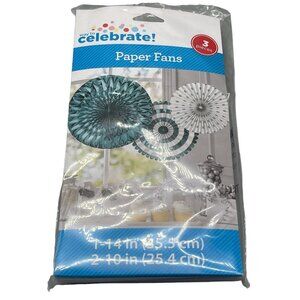 Celebrate paper fans 1-14" 2-10" 3 pieces party accessories teal white READ new